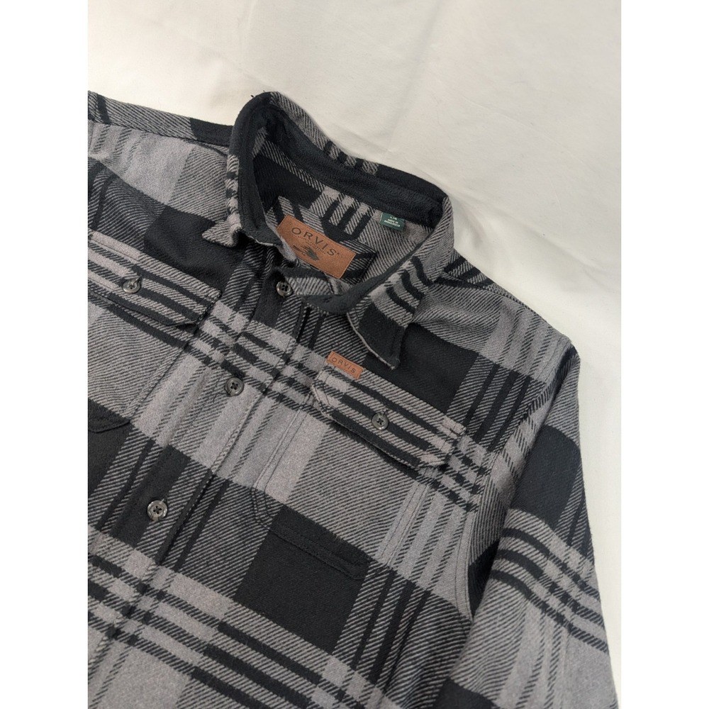 Orvis Shacket Mens L Black Gray Plaid Flannel Shirt Jacket Side Pockets Heavy